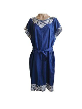 VTG 60s Caro Of Honolulu Hawaiian Aloha Dress Embroidered Blue MCM Boho Hippie